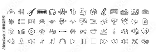 Music and Audio Line Icon Set – Sound, Player Controls and Instruments