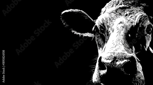 Dramatic black and white close-up portrait of a cow's head on a stark black background, emphasizing bovine features and high contrast.