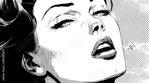 Vintage comic book style illustration of a woman's face, eyes closed in ecstasy or deep emotion, black and white pop art drawing
