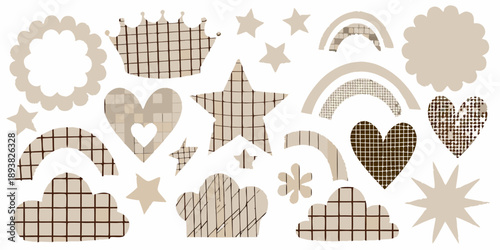 Assorted pastel shapes including stars hearts rainbows and clouds