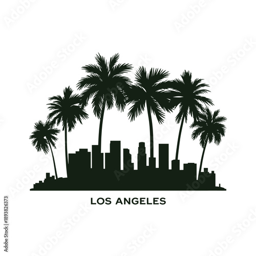 Silhouette of palm trees and los angeles cityscape against a white background