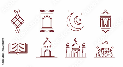 Stylized line art icon set depicting core Islamic symbols, worship elements, and festive traditions for Ramadan and Eid al-Fitr, perfect for digital media