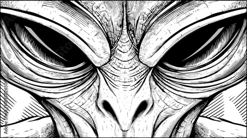 Intricate black and white illustration of a fantasy creature's face. Detailed alien monster head with mysterious, menacing eyes.