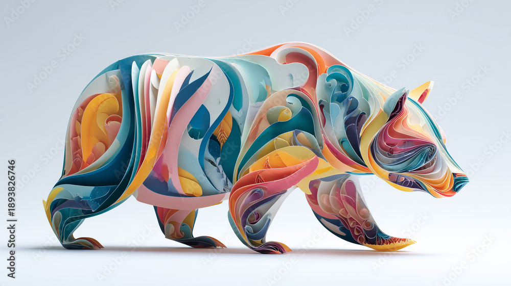 Fototapeta premium Paper cutout animal craft with layered and colorful paper animal designs on a white background.