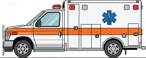 Vector illustration of a white and orange emergency medical ambulance van with blue star of life symbol for healthcare and hospital transport