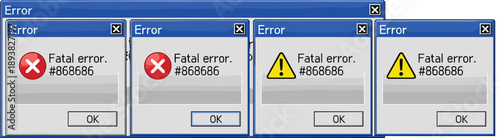 Vector illustration of multiple retro blue computer error message windows with fatal error warnings and alert icons for tech glitch and system failure