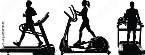 Gym workout silhouettes of people exercising on treadmill and elliptical machines, fitness training concept, black and white vector illustration