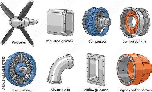 Vector illustration set of aircraft turboprop engine parts including propeller reduction gearbox compressor combustion chamber power turbine and airflow guidance for aviation engineering design