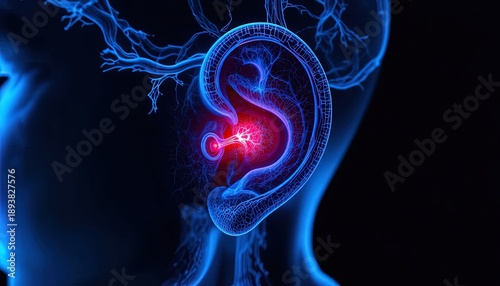Glowing red ear anatomy with blue neural network background
