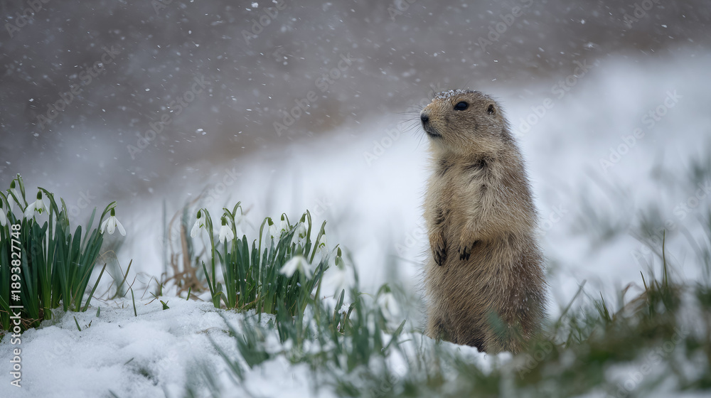 Obraz premium Groundhog standing against a blurred background of snow-covered grass, snowdrops, Groundhog Day, February 2, prairie dog, space for text, cute animal, forest, nature, marmot