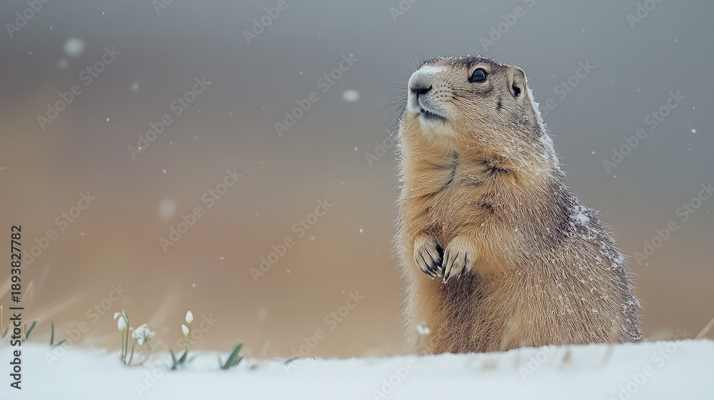 Fototapeta premium Groundhog standing against a blurred background of snow-covered grass, snowdrops, Groundhog Day, February 2, prairie dog, space for text, cute animal, forest, nature, marmot