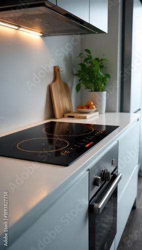 A sleek, modern electric induction cooktop with glowing elements, ready for cooking A minimalist kitchen scene featuring clean lines and stainless steel appliances , cooking surface, cooking area