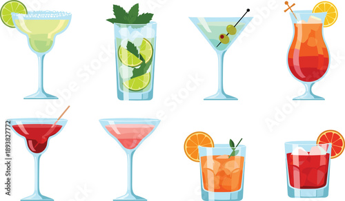 Vector illustration set of colorful summer cocktails including margarita mojito martini and tropical fruit drinks for bar menu restaurant and party design