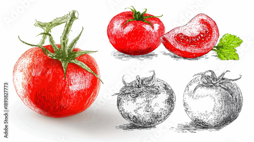 Detailed hand-drawn red tomato illustrations: whole, sliced, and vintage sketch styles. Fresh vegetable food art.