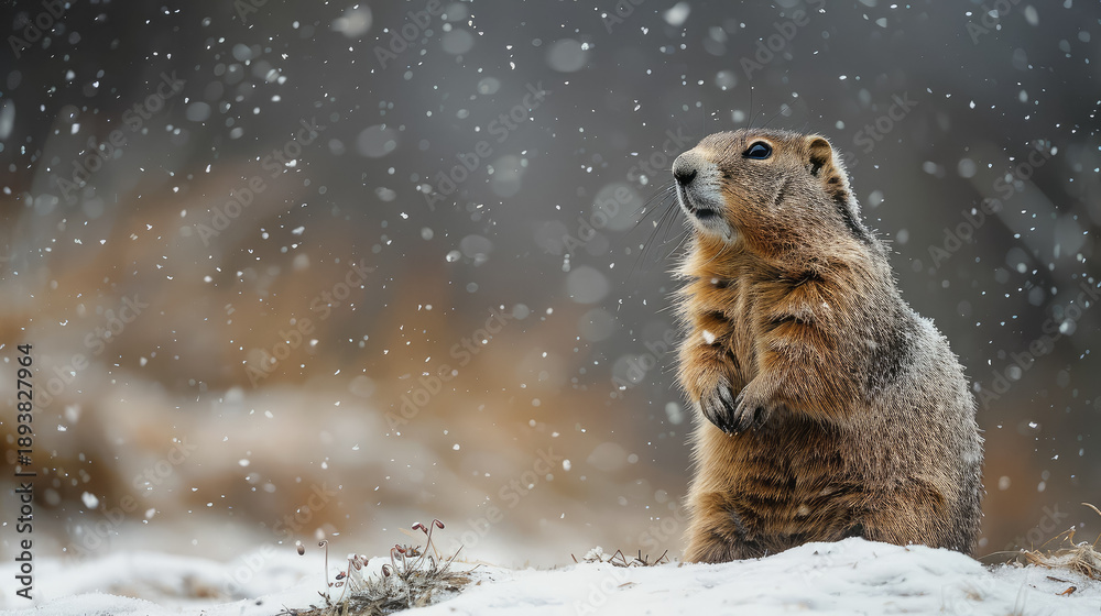 Fototapeta premium Groundhog standing against a blurred background of snow-covered grass, snowdrops, Groundhog Day, February 2, prairie dog, space for text, cute animal, forest, nature, marmot