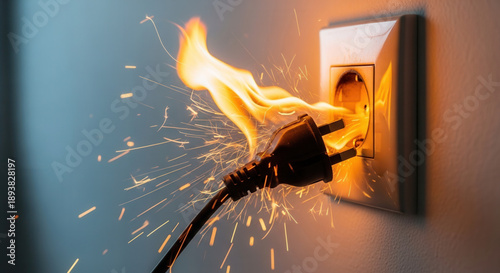Electrical outlet fire with scorching flames, safety hazard and electrical malfunction in home wall socket