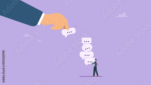 Businessman hand giving speech bubble feedback, opinion to manager. Collect feedback, employee survey or customer advice, meeting idea or opinion for improvement, communication or discussion.