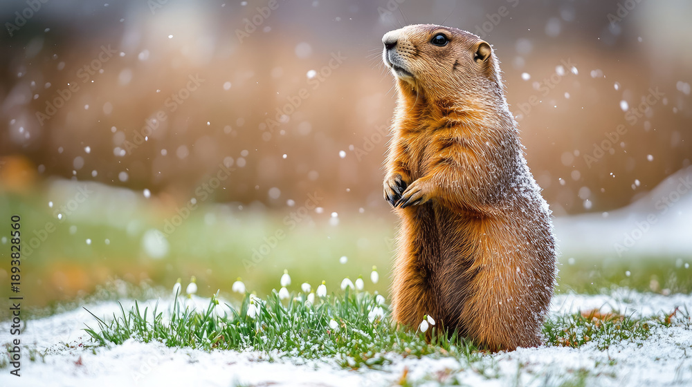 Fototapeta premium Groundhog standing against a blurred background of snow-covered grass, snowdrops, Groundhog Day, February 2, prairie dog, space for text, cute animal, forest, nature, marmot