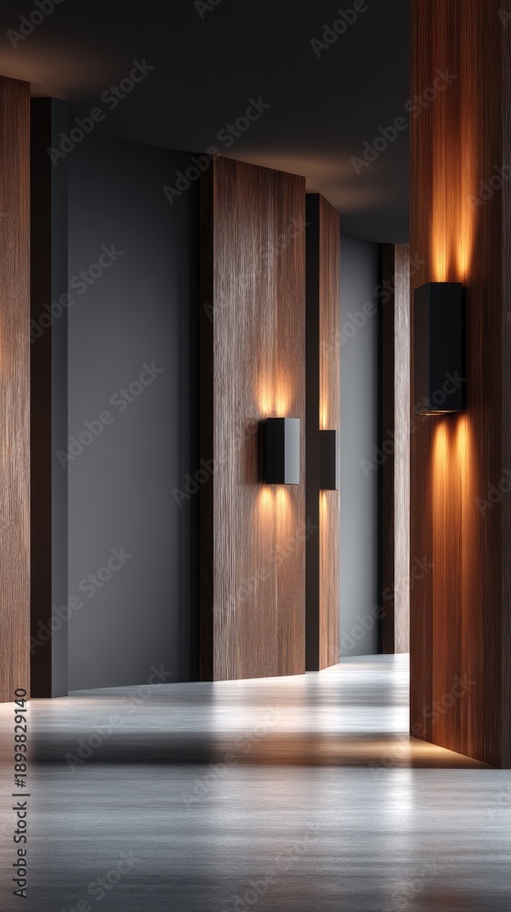 Fototapeta premium A hotel lobby showcases wooden columns and wall panels, with a tiled floor and bright lights creating an inviting environment