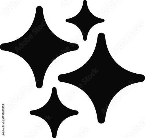 Group of four black stylized star shapes of different sizes conveying a sparkling effect