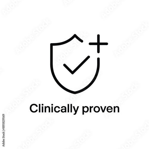 Clinically proven medical shield icon with check mark and plus sign