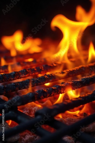 Close-up of vibrant orange and yellow grill flames licking at the cooking surface, intense heat and flickering light Perfect for culinary, barbecue, and summer themes , energy, orange, vibrant