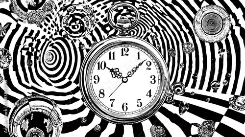 Surreal black and white illustration of a vintage pocket watch and floating gears on an abstract optical illusion swirling background, time concept.