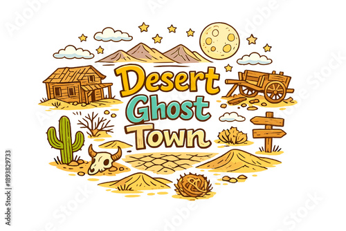 Desert Ghost Town Scene. Desert Ghost Town. Hand-drawn doodle illustration of Desert Ghost Town. sand dunes,