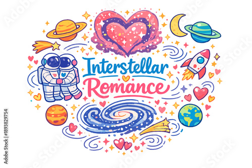 Interstellar Romance. Hand-drawn doodle illustration of Interstellar Romance. astronaut couple, heart nebula,