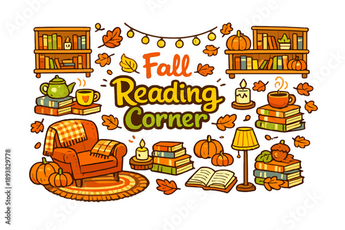 Cozy Autumn Nook. Fall Reading Corner. Hand-drawn doodle illustration of Fall Reading Corner. warm bookstore,