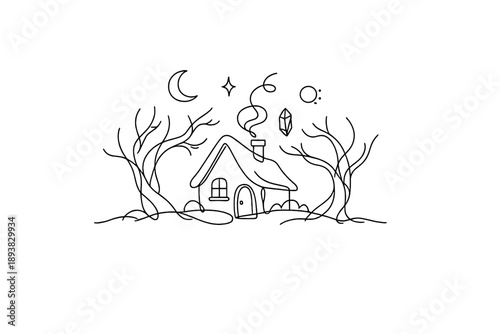 "Magical woods dwelling". Minimalistic one-line drawing cozy forest cottage with twisted trees and floating