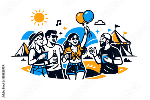 Sunny festival day. Friends laughing together with drinks and balloons, tents and decorations scattered across