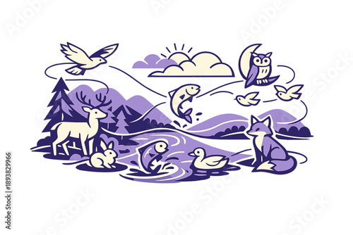Nature in balance. Forest, river, and sky blending into one scene, animals connected by subtle flowing lines.
