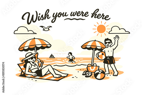 Vintage Beach Postcard. Vintage summer postcard. Sun-faded beach with striped umbrellas and calm waves, warm