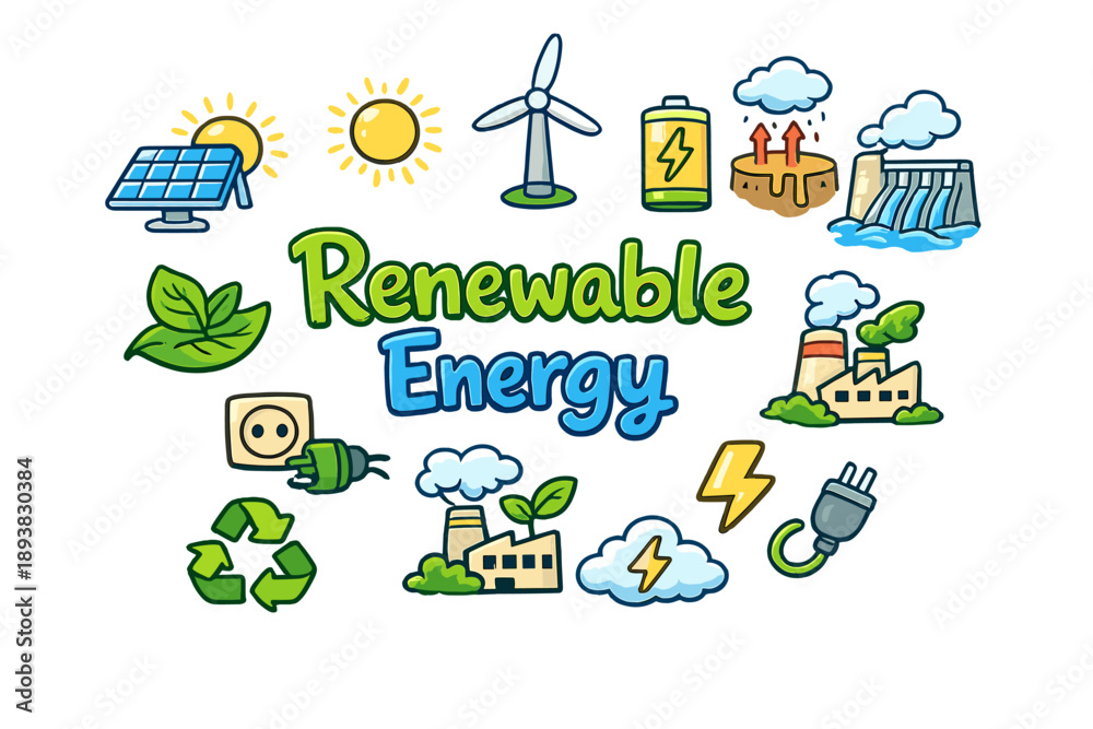 Fototapeta premium Renewable Energy Icons. Hand-drawn doodle illustration of Renewable Energy Icons. Solar cell, windmill, hydro