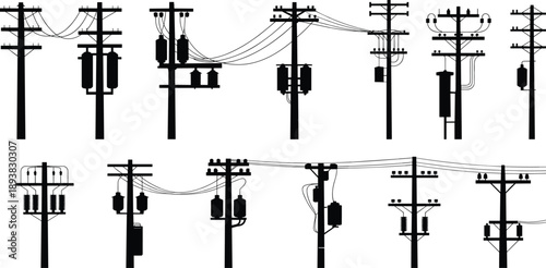 Utility pole silhouette collection, transformers, insulators, power lines, electrical grid, infrastructure, flat vector