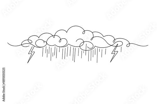 "Thunderstorm summer scene". Minimalistic one-line drawing rolling clouds with rain streaks and flashes of