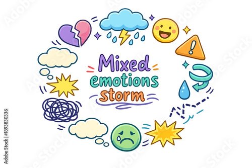 Mixed emotions storm. Hand drawn illustration of Mixed emotions storm. split heart, rain cloud, lightning,