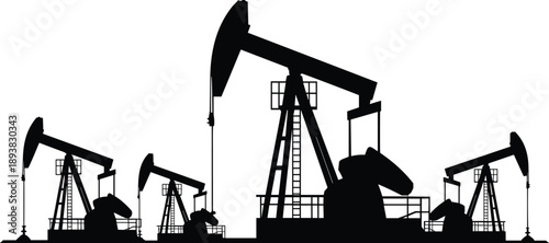 Oil pumpjack silhouette set, nodding donkey, extraction rig, energy infrastructure, flat vector