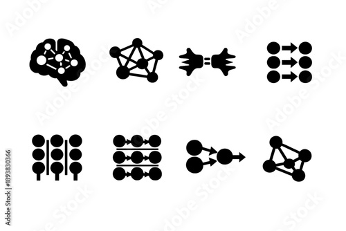 Neural networks. Filled icon set of Neural networks: neural brain, connected nodes, synapse links, input layer