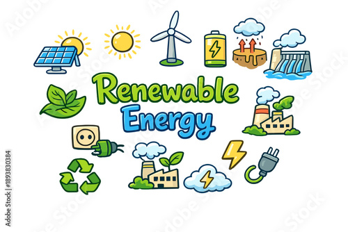 Renewable Energy Icons. Hand-drawn doodle illustration of Renewable Energy Icons. Solar cell, windmill, hydro