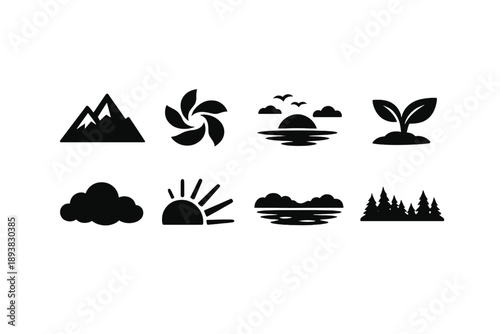 Dreamy pastel nature. Filled icon set of Dreamy pastel nature: abstract mountain, petal swirl, morning sky,