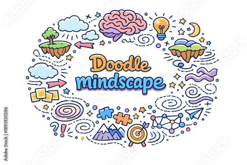 Doodle mindscape. Hand drawn illustration of Doodle mindscape. brain outline, floating islands, thought clouds