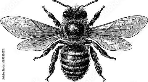 Detailed vintage engraving of a honey bee with transparent wings, viewed from above, a classic insect illustration