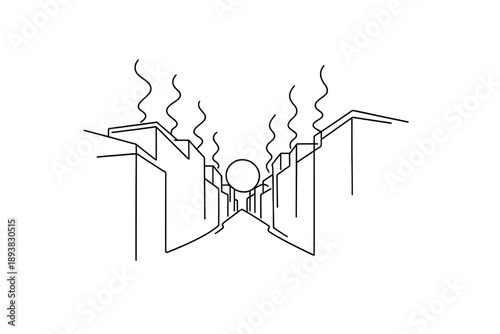 "City extreme heat". Minimalistic one-line drawing street canyon with sun reflecting off rooftops and