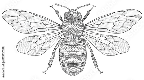 Detailed black and white line art illustration of a bee, showing intricate body and wing structure from a top-down scientific view