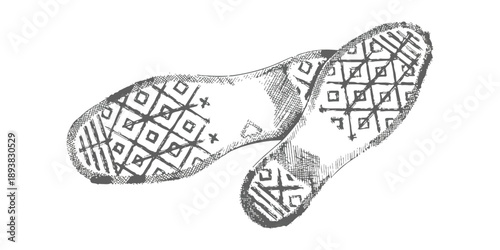 Hand-drawn monochrome illustration featuring the distinct textured soles of two classic sneakers