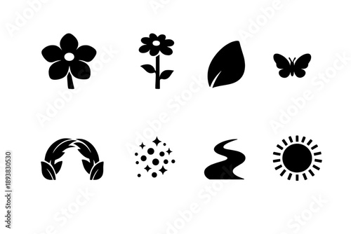 Garden of giant flowers. Filled icon set of Garden of giant flowers: oversized blossom, towering stem, giant
