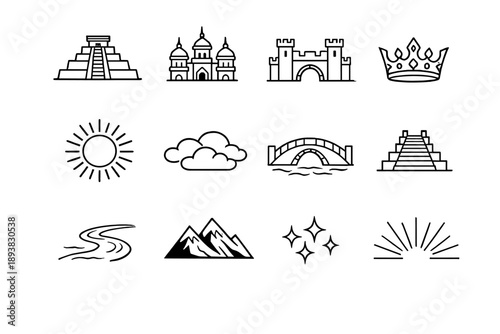 Mythical city of gold. Line outline icon set of Mythical city of gold: golden temple, palace towers, city gate