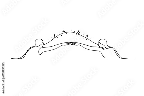 Universal bond. Minimalistic one-line drawing two figures reaching toward each other with a starry arc linking